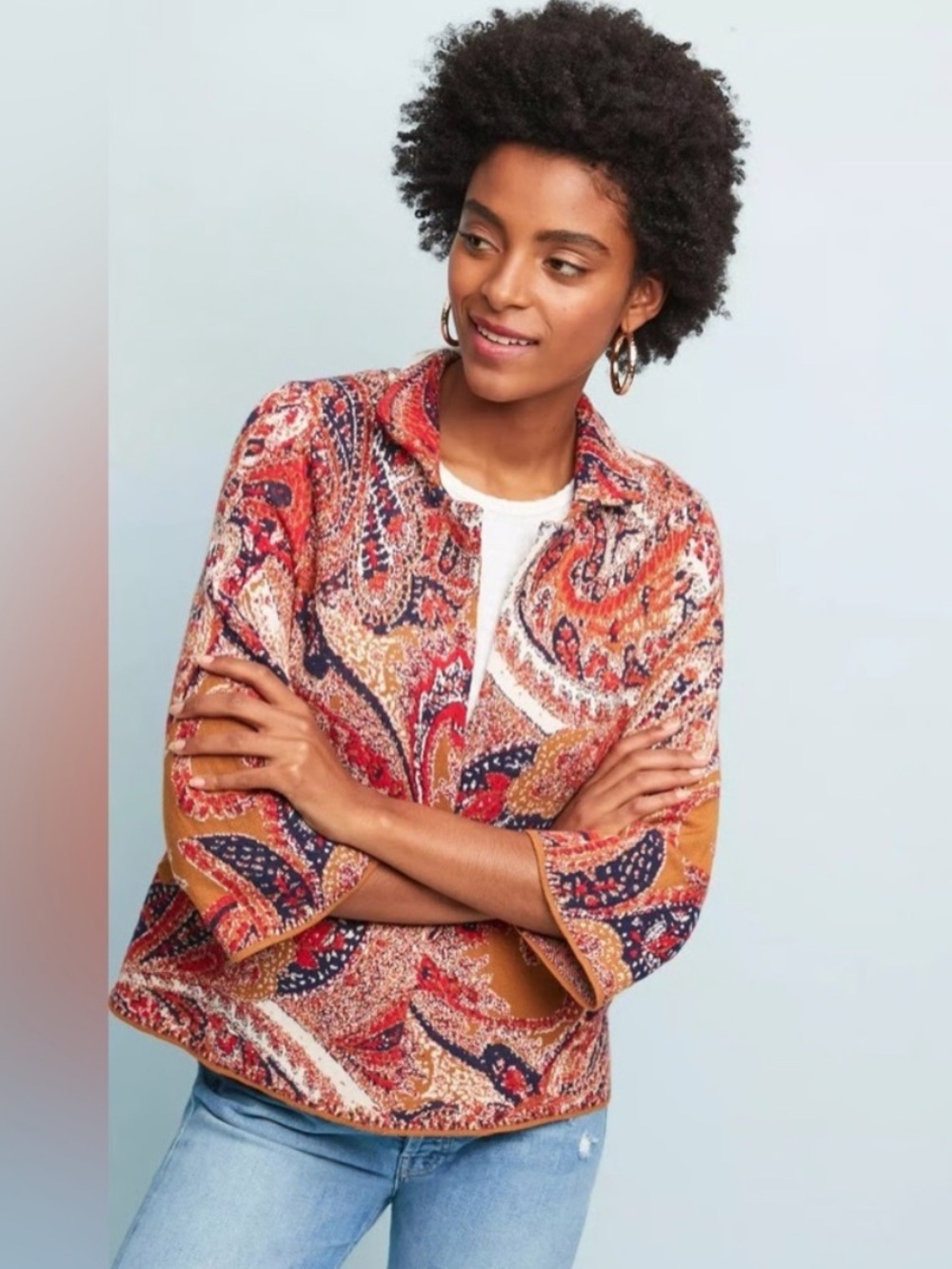 Anthropologie Moth Paisley Intarsia Sweater Knit Cardigan Jacket Blazer Size S